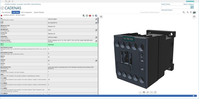 Siemens contactor with all planning relevant information in Siemens Teamcenter powered by CADENAS