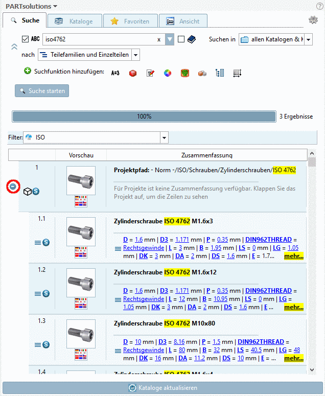 Wenn Sie auf das Plus-Zeichen klicken, öffnet sich die Teilefamilie und Sie sehen die Einzelteile.