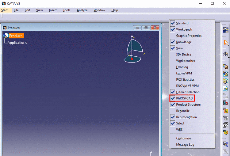 PARTS4CAD Toolbar activated