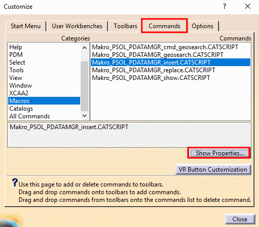 Dialog "Customize" -> Commands