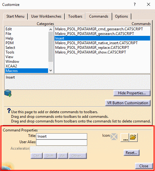 Dialog area "Command Properties" opened