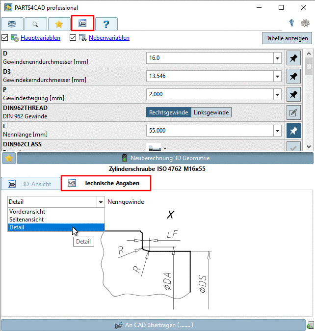 Registerseite Technische Angaben