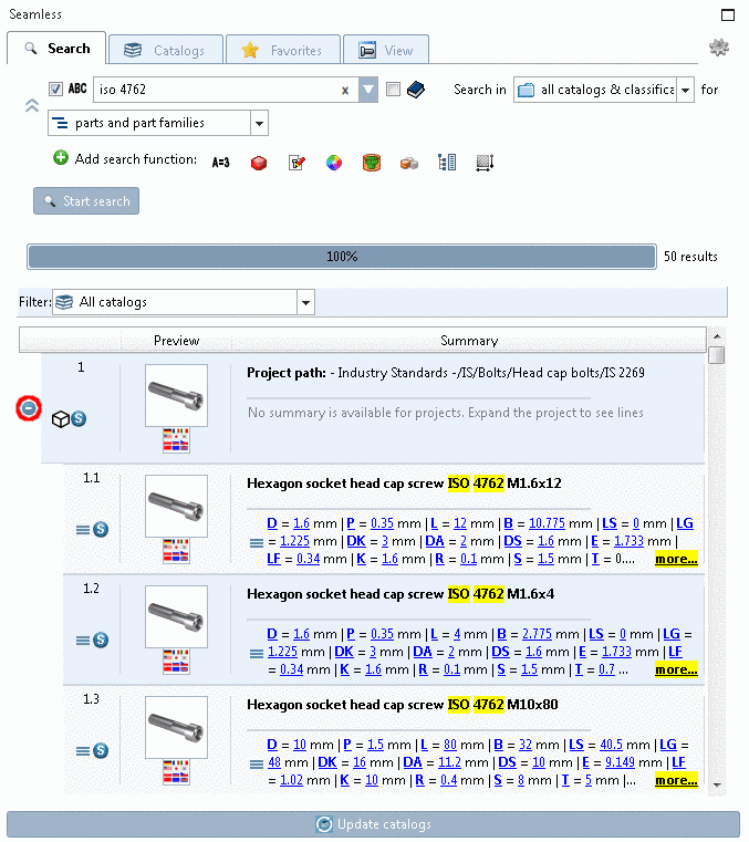 When you click on the plus sign, the part family opens and you can see the contained parts.