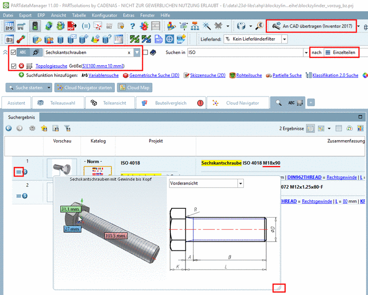 Die beispielhafte Abb. zeigt eine spezifische Suche (Volltextsuche + Topologiesuche) und die Auswahl "Suchen nach Einzelteilen". So enthält die Suchergebnisliste direkt exportierbare, spezifizierte Ausprägungen.