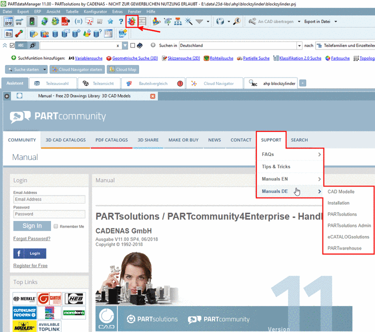 Externer Aufruf der Seite im Browser via http://b2b.partcommunity.com/community/pages/manual?page=partsolutions_de/v11/index.html