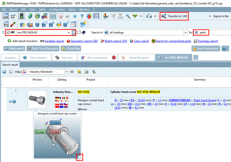 The exemplary figure shows a search with specified search term and the selection "Search for parts". So the list of results contains specified, directly exportable characteristics.