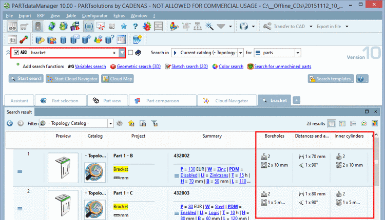 Display of topology values at full-text search