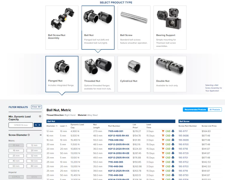 3D CAD configurator for Thomson ball screws streamlines online product  selection